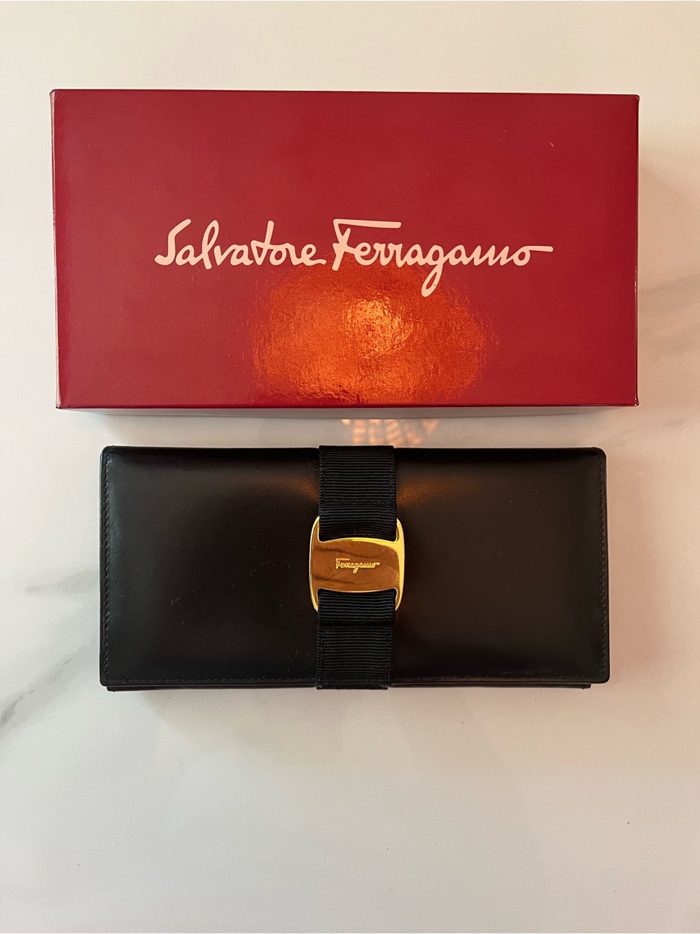 Salvatore Ferragamo Black Leather Vara Bow Wallet with Gold Buckle